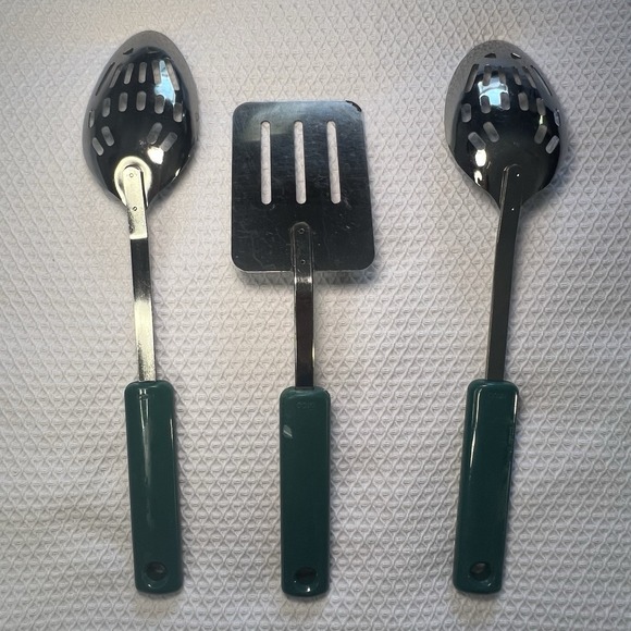 Vintage Ekco 3 Piece Utensil Stainless Steel Green Handles Slotted Spoon Spatula - Picture 4 of 14